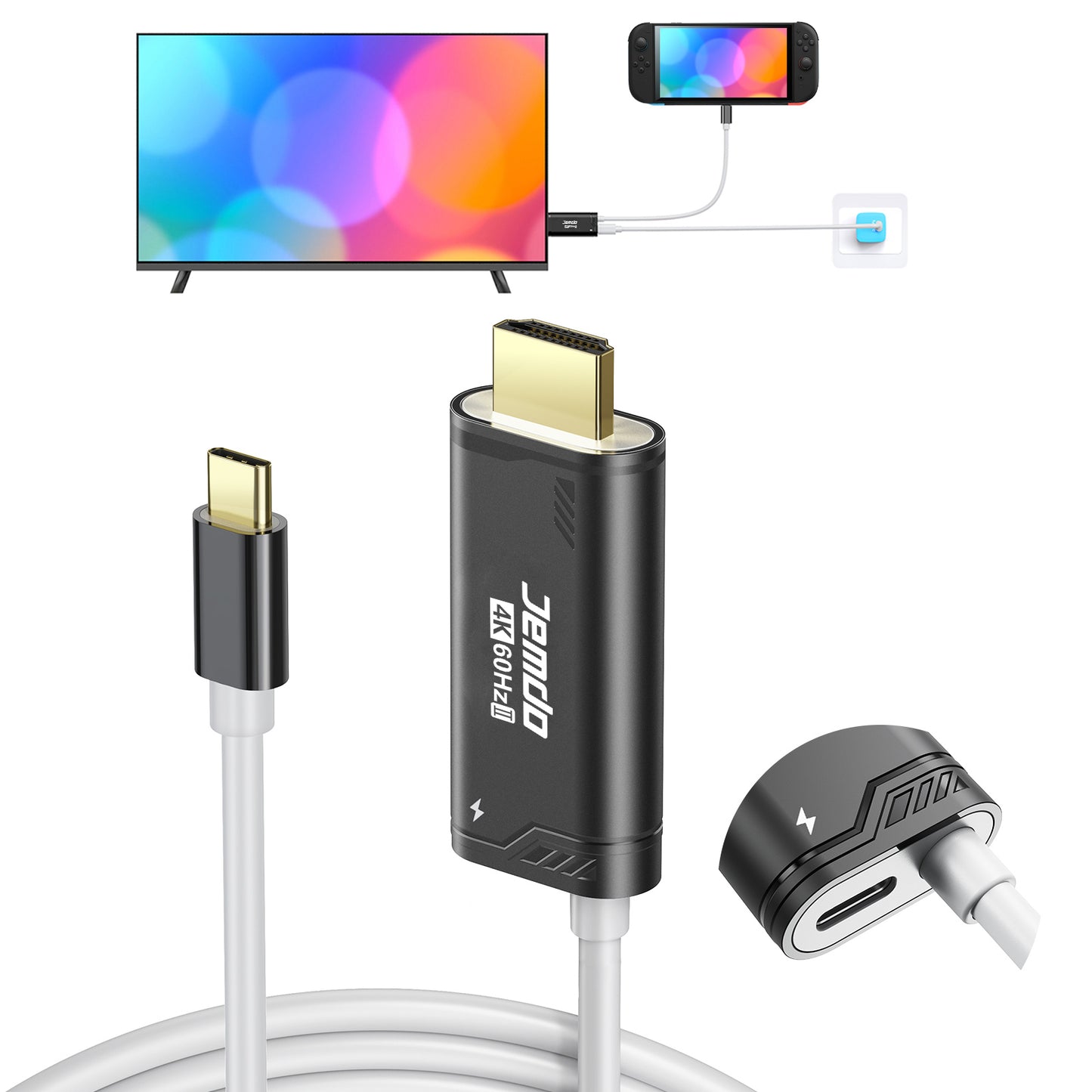 JEMDO applicable Switch 2-way elbow screen projection cable replacement for the original base and HDMI cable, 4K high-definition picture quality support, mobile phone, tablet, screen projection, game console accessories