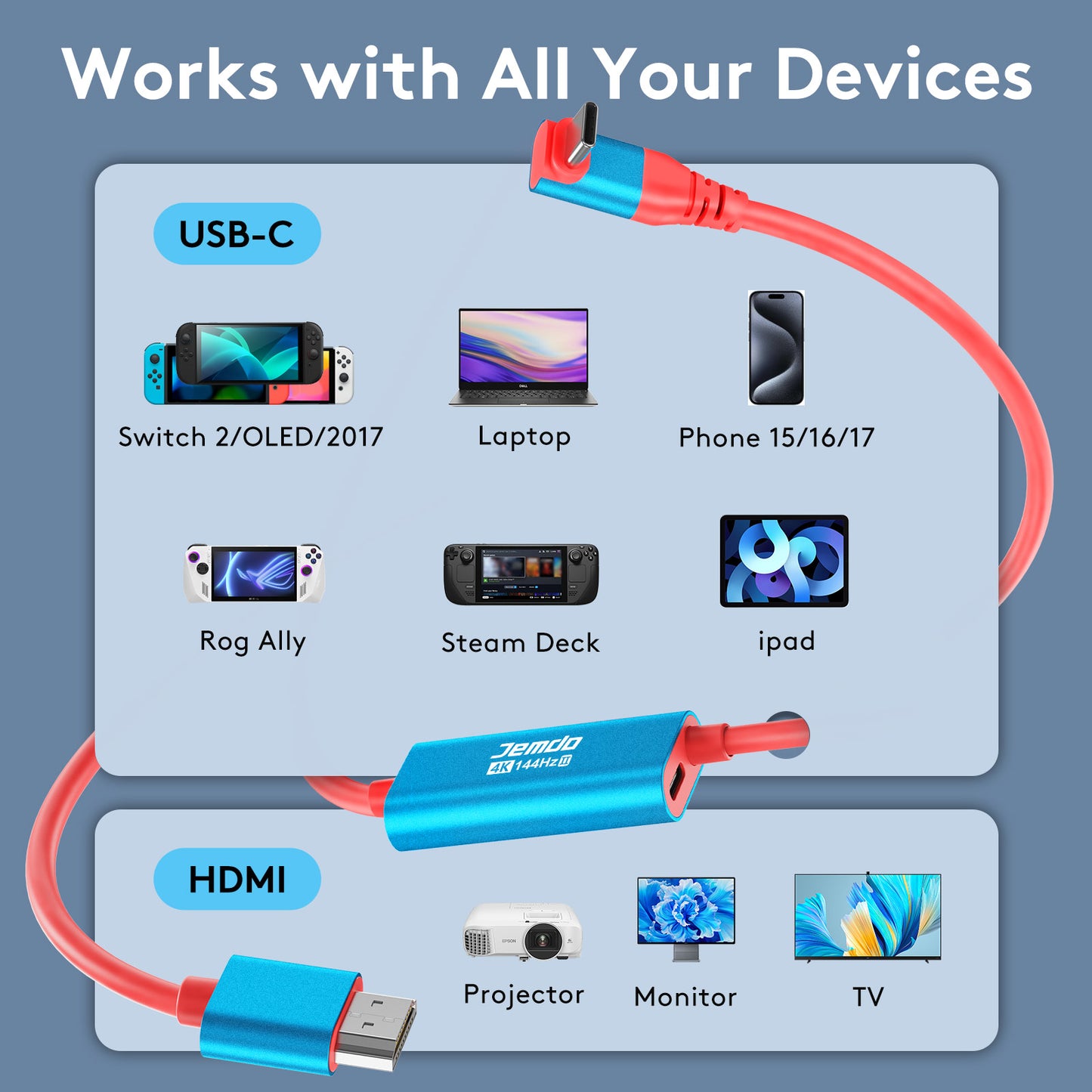 JEMDO applicable Switch 2-way elbow screen projection cable replacement for the original base and HDMI cable, 4K high-definition picture quality support, mobile phone, tablet, screen projection, game console accessories