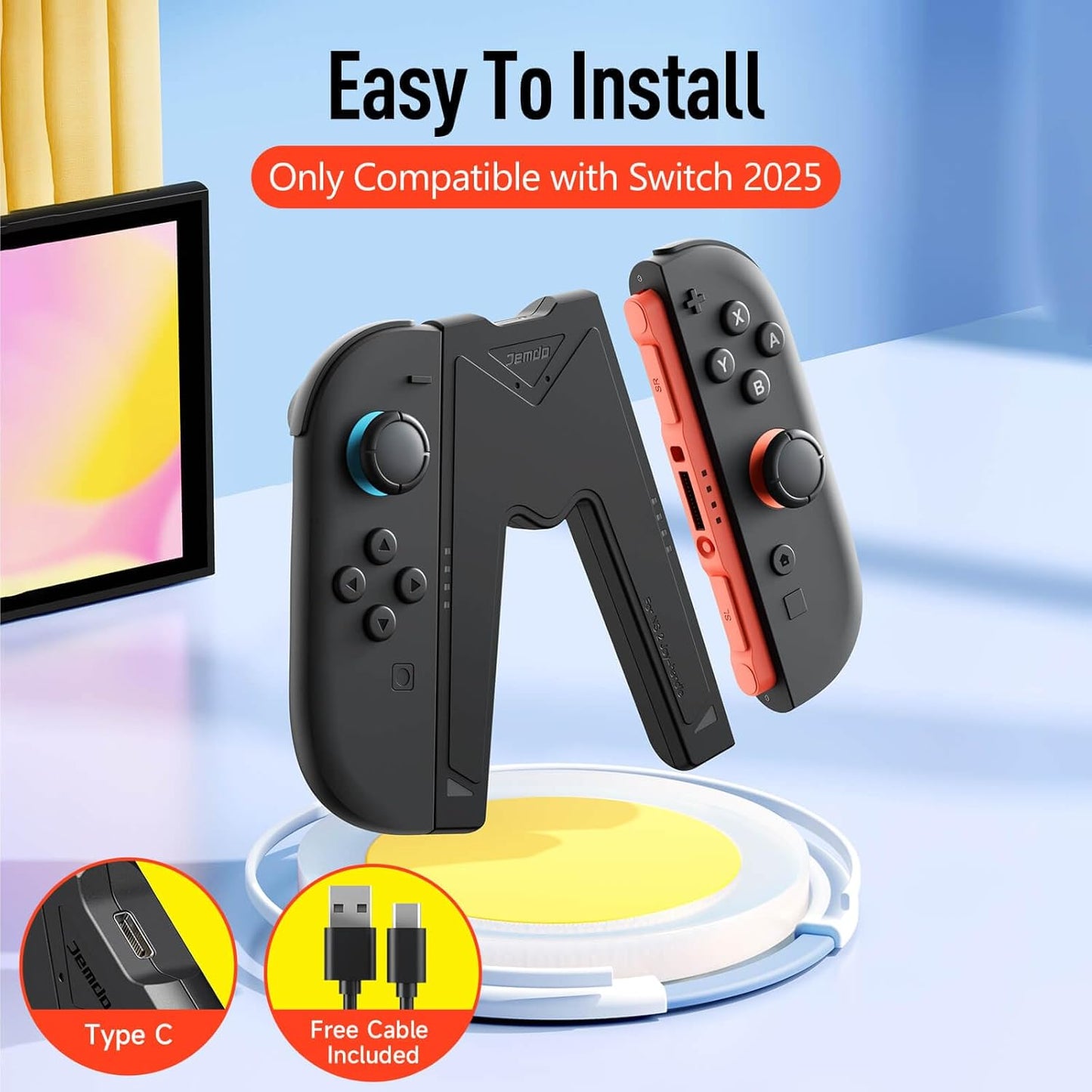 JEMDO Magnetic Joycon Charger Grip Compatible with Nintendo Switch 2 Only – LED Charging Grip for Switch 2 Joycon, USB-A to Type-C Charging Cable included - Black
