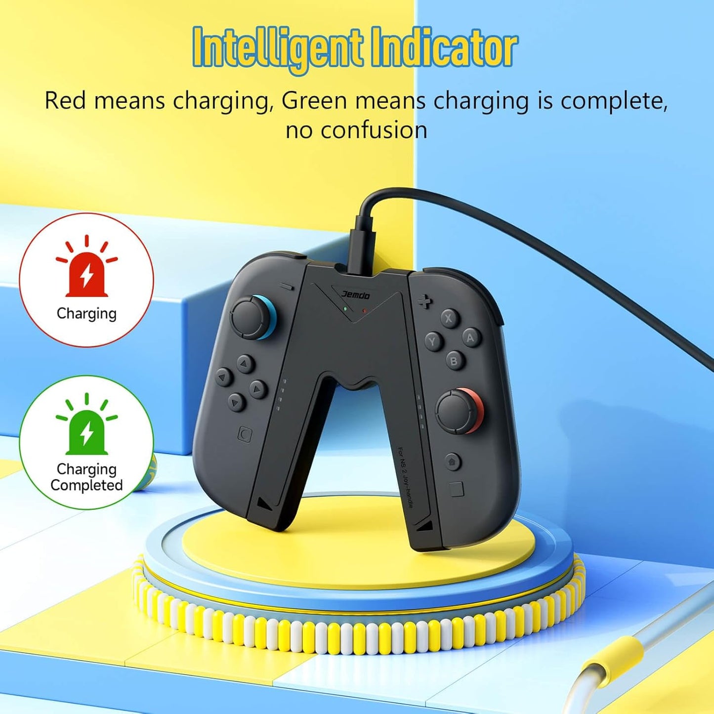 JEMDO Magnetic Joycon Charger Grip Compatible with Nintendo Switch 2 Only – LED Charging Grip for Switch 2 Joycon, USB-A to Type-C Charging Cable included - Black