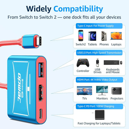 JEMDO Portable USB C to HDMI Adapter for Nintendo Switch 2/OLED/NS/Steam Deck/MacBook Pro Air/iPad Pro/USBC Port Phone, Slim TV Dock Station