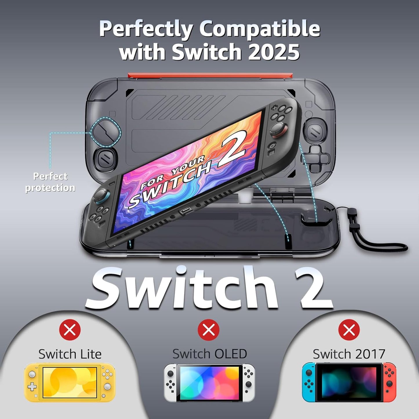 JEMDO Slim Protective Carrying Case for Nintendo Switch 2 Only, Shockproof, Dustproof & Portable Hard Shell, Travel Cover with Raised Joystick Guard, Charge-Through Port, Secure Lock & Wrist Strap