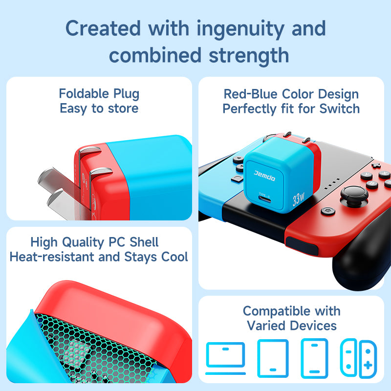 JEMDO 33W GaN Charging Kit for Switch, Mobile Phone, Tablet Fast Charging Game Accessories with 1m Data Cable
